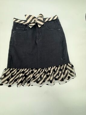 Y2K NYDJ Black Mini Skirt with Striped Polka Dot Tie & Ruffle